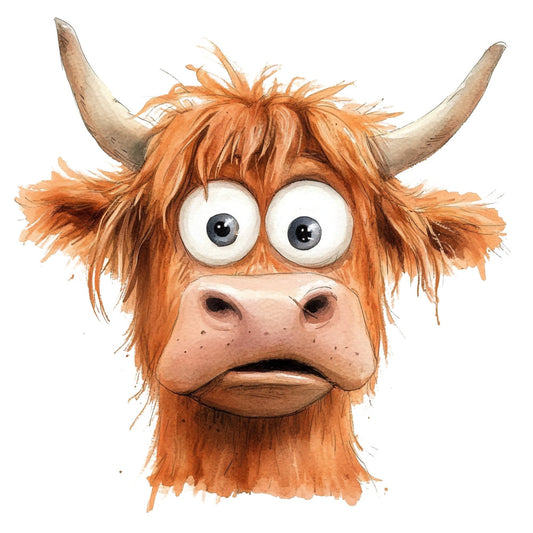 orange, tan, cream, white, rust, animal, cattle, highland cattle, cow, whimsical, funny, humorous, cartoon, character, face, expressive, rustic, farmhouse, folk art, quirky, playful, children, kids, farm animals, livestock, illustration, comic, silly, personality