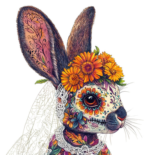 whimsical rabbit, sugar skull, floral, gerbera daisies, orange flowers, yellow flowers, purple flowers, bohemian, day of the dead, skull art, decorative eye, lace details, wings, insect wings, colorful, vibrant, artistic, folk art, embellished, ornate, mixed media, nature inspired, animal portrait, spring, summer, wall hanging, home decor, statement piece, boho chic
