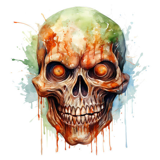 skull, watercolor, abstract, splatter, orange, cream, green, blue, gold, artistic, modern, gothic, edgy, bold, vibrant, paint splatter, ink wash, contemporary, goth, alternative, decorative, statement print, glowing eyes, metallic, dripping effect, bohemian, rebellious, punk rock, mixed media
