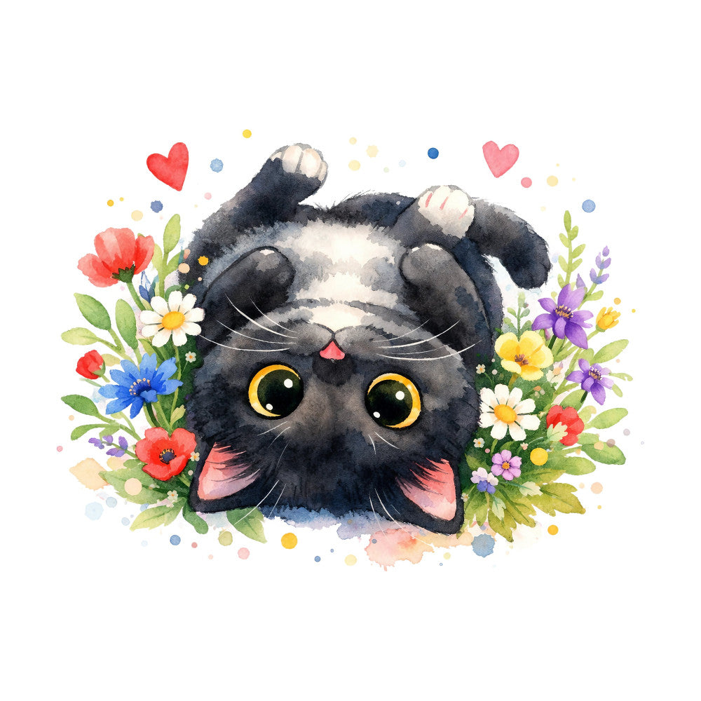 black cat, cat face, golden yellow eyes, charcoal gray, coral pink, cream white, red hearts, colorful flowers, floral design, whimsical, cute animals, playful, cheerful, spring flowers, summer blooms, daisies, poppies, purple flowers, yellow flowers, nature theme, garden theme, whimsical style, children's design, kid-friendly, festive, happy expression, vibrant colors, watercolor style, adorable, sweet theme