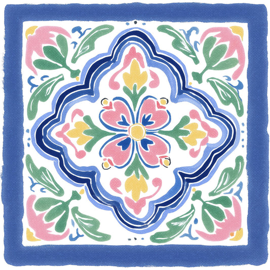 navy blue, coral pink, sage green, golden yellow, floral, geometric, symmetrical, medallion, traditional, ornamental, elegant, botanical, decorative border, scalloped edge, damask, folk art, spring, summer, vintage, classic, leaves, flowers, petals, four-patch, quilting cotton, home decor, table runner, wall hanging