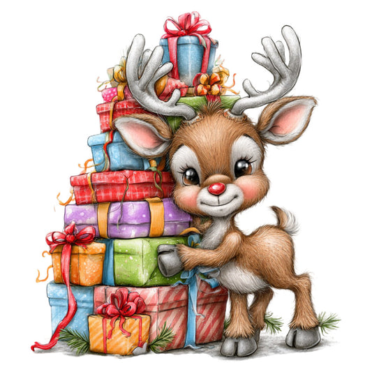 reindeer, christmas, holiday, festive, cute animals, whimsical, colorful, red, blue, green, purple, orange, yellow, gift boxes, presents, bows, ribbons, winter, cheerful, playful, children's, nursery, baby, illustrated, cartoon style, magical, jolly, traditional christmas, seasonal, decoration