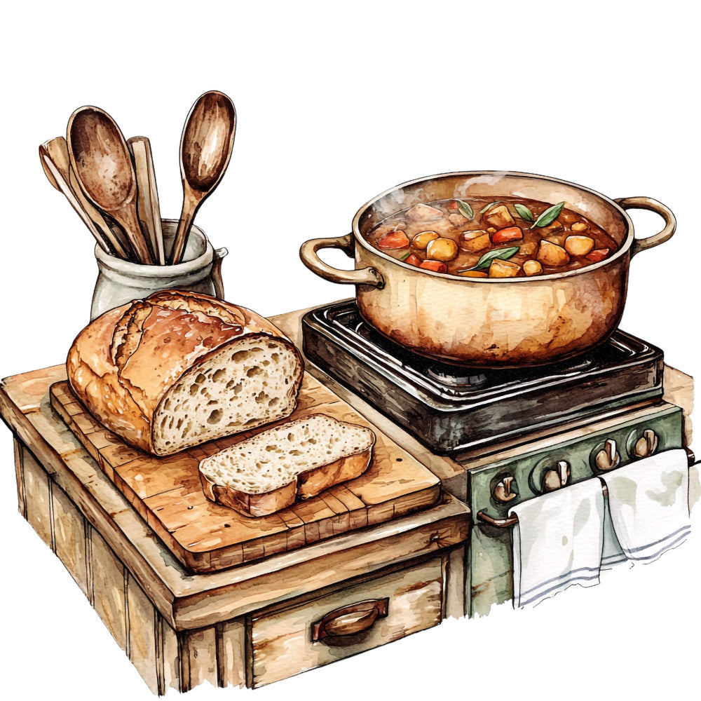 rustic kitchen, watercolor illustration, cooking scene, bread loaf, soup pot, wooden utensils, cutting board, stove top, warm browns, golden tones, cream colors, copper pot, kitchen tools, homestyle cooking, fabric panel, quilting cotton, cozy atmosphere, culinary theme, artisan bread, steaming soup