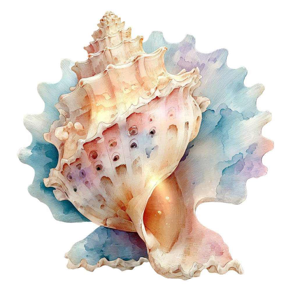 seashell, conch, watercolor, pastel colors, coral pink, dusty blue, lavender purple, cream white, ocean themed, coastal, nautical, beach, marine life, watercolor wash, ombre effect, soft colors, whimsical, elegant, nature inspired, sea creature, shell motif, layered design, artistic, contemporary, dreamy, peaceful, tranquil, summer, coastal living, seaside