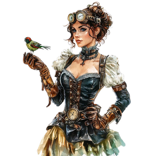 steampunk, victorian, brass, copper, brown, cream, ivory, black, green, burgundy, mechanical, gears, clocks, time, goggles, corset, vintage, retro, industrial, adventurous, elegant, whimsical, fantasy, bird, parrot, leather, leather gloves, fashion illustration, character design, portrait
