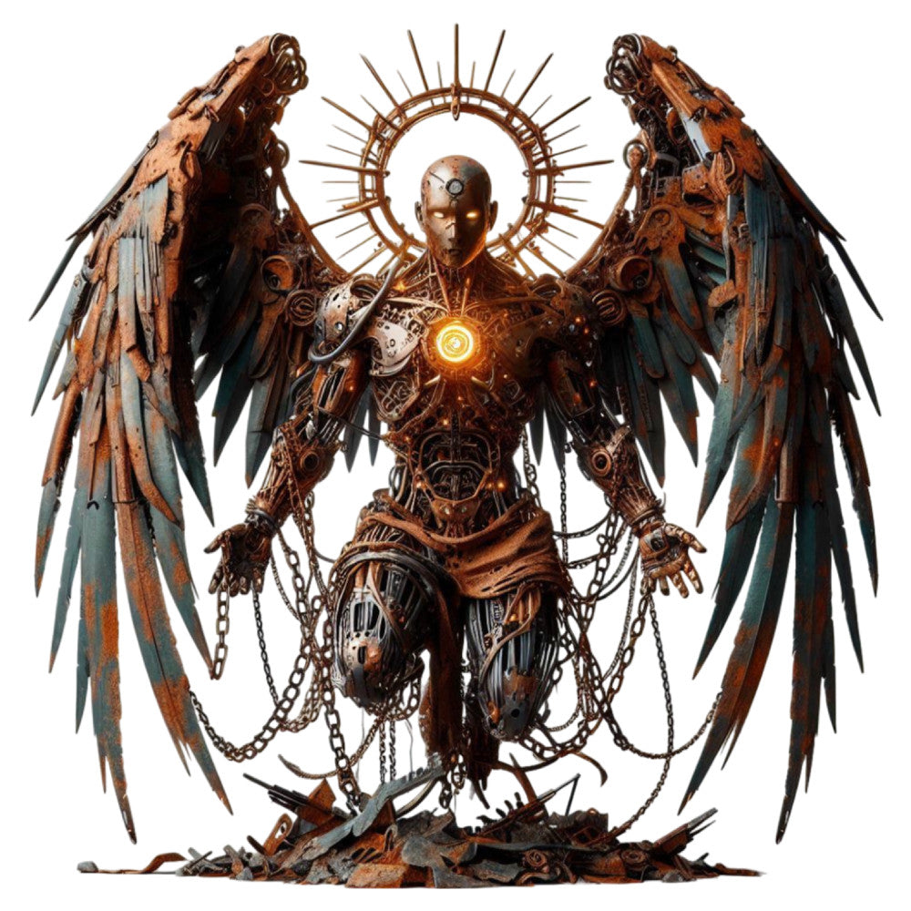 steampunk, bronze, copper, rust, gold, teal, mechanical, gears, wings, angel, halo, industrial, metallic, fantasy, dark fantasy, gothic, celestial, ornate, intricate, chains, feathered wings, glowing core, advanced technology, futuristic, decorative panel, statement piece, bold design, masculine, dramatic