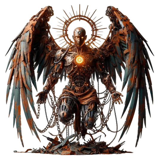 steampunk, bronze, copper, rust, gold, teal, mechanical, gears, wings, angel, halo, industrial, metallic, fantasy, dark fantasy, gothic, celestial, ornate, intricate, chains, feathered wings, glowing core, advanced technology, futuristic, decorative panel, statement piece, bold design, masculine, dramatic
