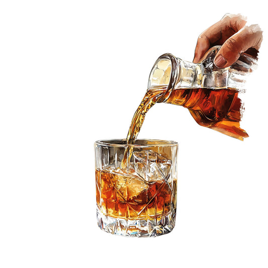 amber, golden brown, whiskey glass, bourbon pouring, crystal tumbler, ice cubes, hand holding bottle, glass bottle, alcohol beverage, rich browns, warm tones, realistic illustration, bar scene, spirits theme, fabric panel, quilting cotton, adult beverage, masculine design, whiskey rocks glass, liquid amber