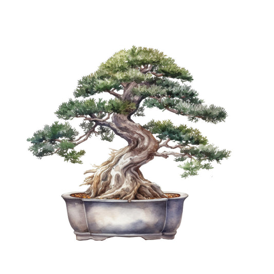 bonsai tree, fabric panel, green foliage, brown trunk, gray pot, botanical illustration, zen garden, miniature tree, twisted branches, needle leaves, ceramic planter, asian inspired, nature motif, watercolor style, serene mood, quilting cotton, craft panel, gardening theme, japanese art, evergreen tree