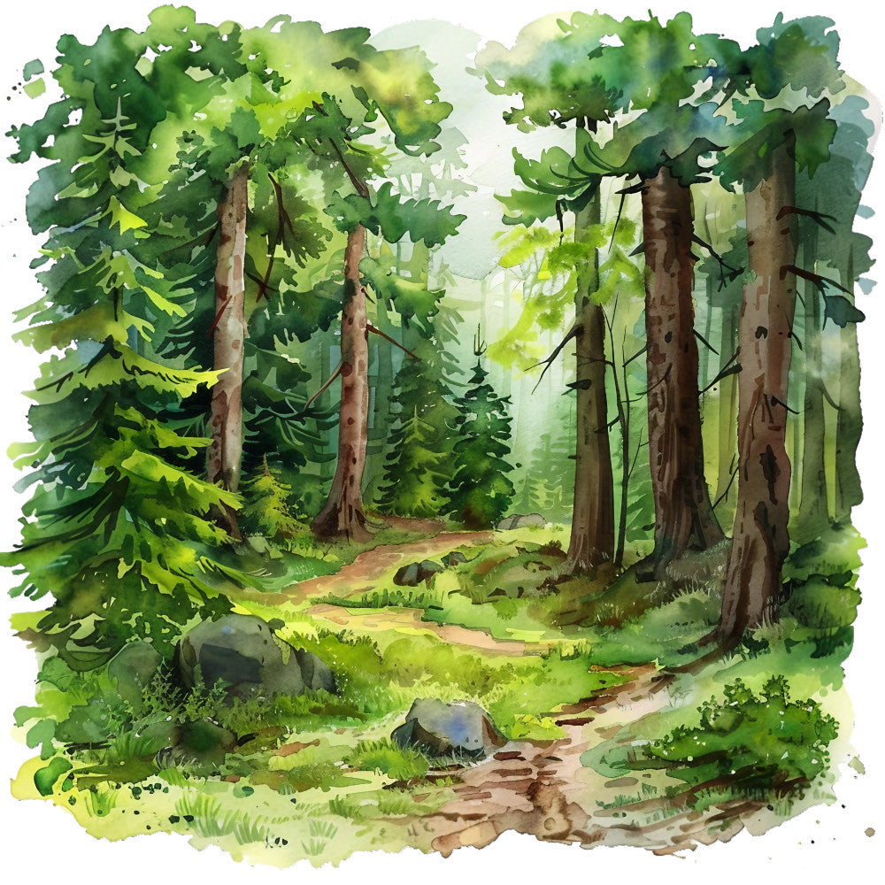 watercolor painting, forest scene, green foliage, brown tree trunks, nature path, summer landscape, fabric panel, quilting cotton, scenic artwork, woodland setting, earth tones, organic shapes, peaceful atmosphere, outdoor scenery, botanical elements, hiking trail, natural environment, soft brushstrokes, artistic illustration