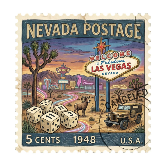 vintage las vegas, retro postage stamp, desert landscape, joshua tree, neon sign, dice, lucky sevens, 1948, nevada, mid-century modern, turquoise, coral pink, sunset orange, desert tan, dusty purple, vintage advertisement, nostalgic, whimsical, retro style, gambling theme, vintage travel, americana, classic car, bighorn sheep, neon lights, postcard design, western theme, retro color palette, iconic landmark