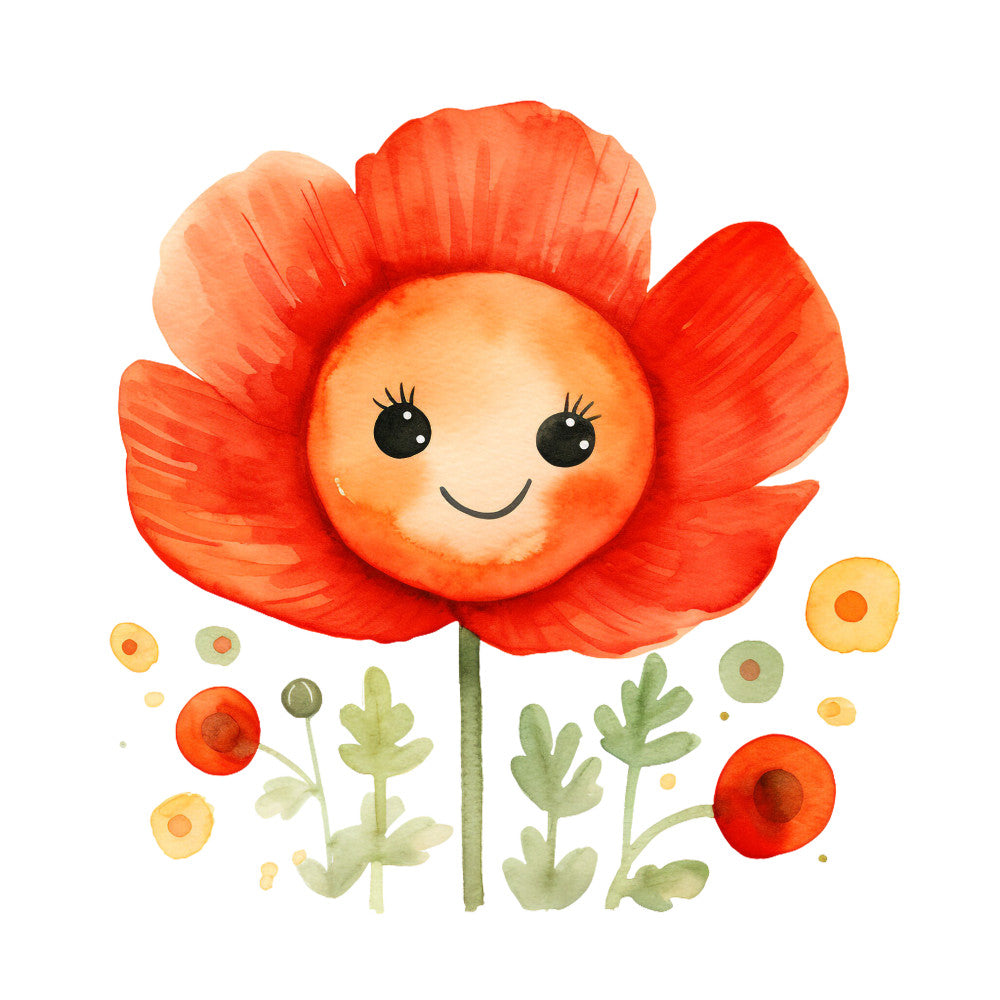 orange flower, red petals, smiling face, watercolor style, floral design, cute character, green stems, yellow accents, whimsical art, fabric panel, children's design, happy expression, botanical elements, coral tones, peach colors, quilting cotton, nursery theme, cheerful mood, garden flowers, artistic illustration
