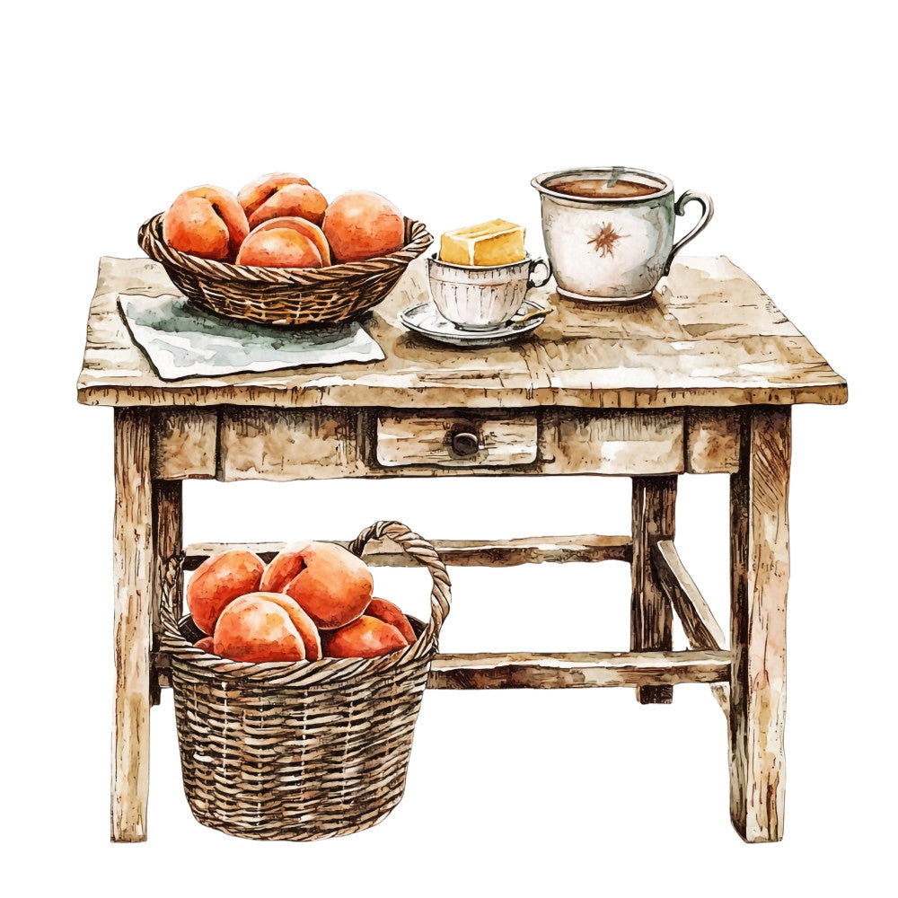 watercolor style, rustic table, wicker baskets, orange peaches, vintage teacup, butter dish, wooden furniture, country kitchen, fabric panel, quilting cotton, farmhouse style, still life, beige tones, brown accents, kitchen scene, fruit illustration, antique furniture, cottage core, warm colors, rustic charm