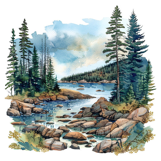 forest green, sky blue, cream, tan, brown, stone gray, turquoise, landscape, nature, mountain lake, forest, scenic, trees, coniferous trees, pine trees, rocky shore, boulders, water, lake scene, wilderness, outdoor, cabin, rustic, peaceful, serene, naturalistic, watercolor, autumn, summer