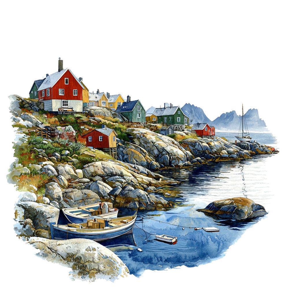 watercolor style, coastal village, colorful houses, red buildings, yellow houses, green houses, rocky coastline, fishing boats, harbor scene, mountains, nordic landscape, nautical theme, fabric panel, quilting cotton, scenic illustration, ocean view, stone terrain, sailboat, fishing village, arctic scenery