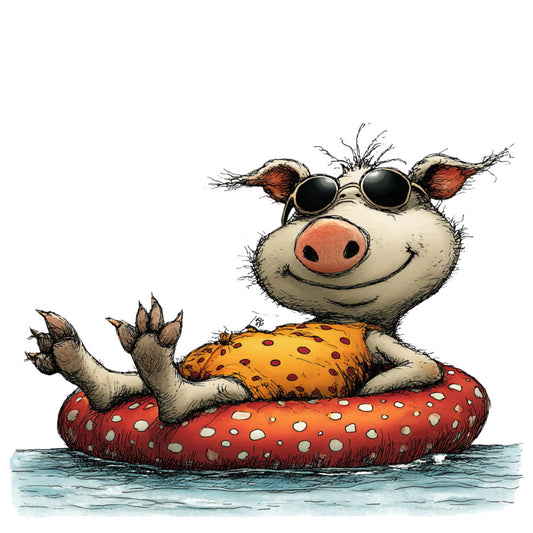 cow, pig, animal, whimsical, cute, sunglasses, pool float, summer, water, beach, relaxation, funny, humorous, cream, coral pink, red, orange, yellow, polka dots, spotted, playful, quirky, novelty, fun, children, kids, cartoon style, retro, vintage