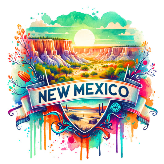 US States Retro Travel Fabric Panel 11 featuring colorful New Mexico landscape with cliffs, desert, and cacti, printed on premium cotton.