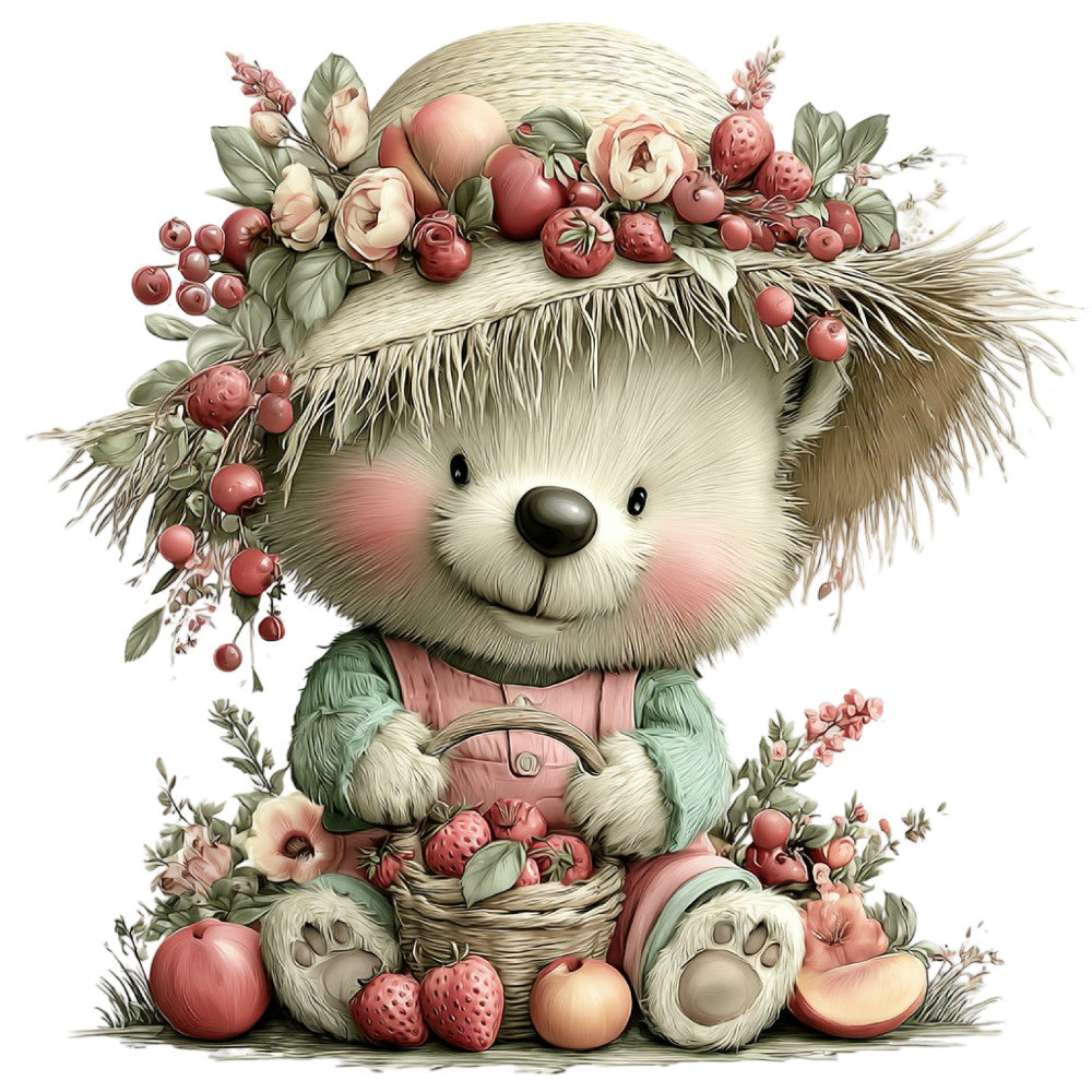 cute bear, hedgehog, woodland animals, floral, berries, raspberries, peaches, apples, flowers, roses, blush pink, dusty rose, sage green, cream, soft pastels, whimsical, vintage, nursery, baby, children's, spring, summer, nature, botanical, fruit, garden, charming, adorable, gentle, storybook