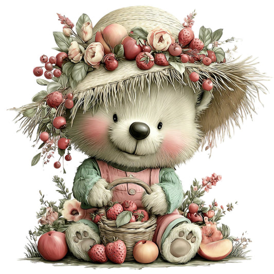 cute bear, hedgehog, woodland animals, floral, berries, raspberries, peaches, apples, flowers, roses, blush pink, dusty rose, sage green, cream, soft pastels, whimsical, vintage, nursery, baby, children's, spring, summer, nature, botanical, fruit, garden, charming, adorable, gentle, storybook