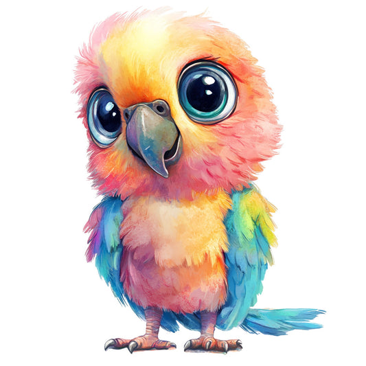 rainbow parrot, colorful bird, whimsical, pastel rainbow, coral pink, golden yellow, turquoise blue, purple, pink, yellow, blue, green, orange, cute animal, children's, baby, playful, modern, vibrant, illustration style, tropical, artistic, nature, birds, children's panel, nursery, quirky, fun, bright colors, watercolor effect