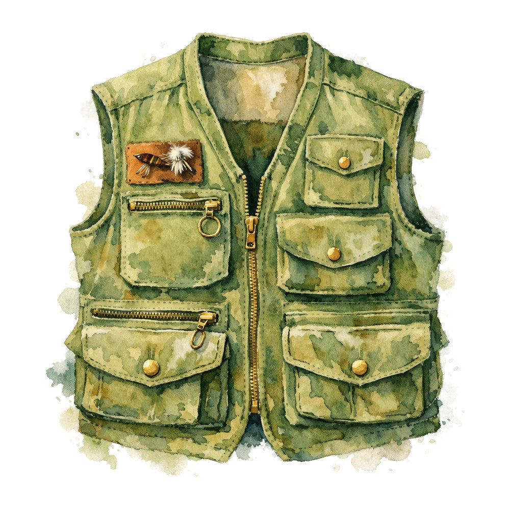 sage green, olive green, khaki, tan, watercolor, fishing vest, outdoor gear, adventure, nature, vintage, rustic, camping, fly fishing, fisherman, angler, utility pockets, buttons, zippers, masculine, heritage, sports, recreation, travel, outdoor clothing, wildlife, lures, hooks, technical wear, workwear, nostalgic