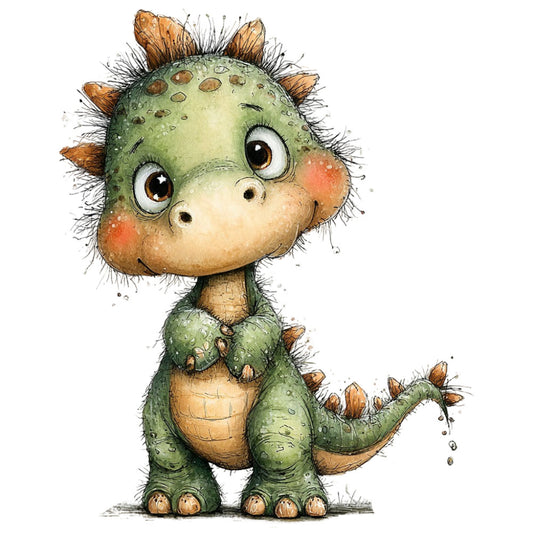 sage green, olive green, cream, tan, brown, coral pink, rosy cheeks, dinosaur, dragon, creature, whimsical, cute, children's, kids, playful, fantasy, adorable, spiky, scales, textured, illustration, watercolor, storybook, nursery, baby, animal character, charming, friendly, quirky, fun