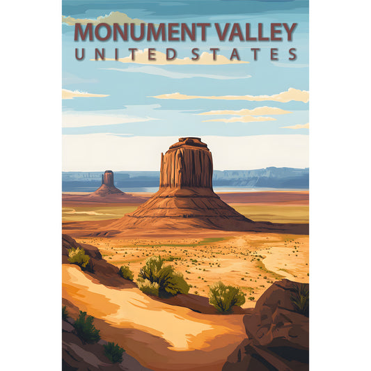 monument valley, desert landscape, red rock formations, mesa, butte, southwestern scenery, travel poster, vintage style, blue sky, orange sandstone, turquoise, rust colors, cream tones, desert flora, sagebrush, panoramic view, fabric panel, quilting cotton, scenic artwork, american southwest