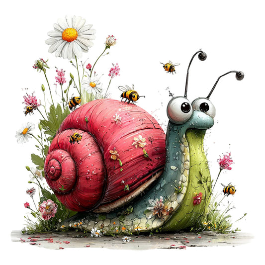 whimsical snail, garden creatures, bumblebees, flowers, daisies, pink flowers, red shell, green body, large eyes, nature theme, spring, summer, children's, whimsical style, storybook illustration, woodland creatures, insects, garden scene, coral pink, deep red, sage green, pale yellow, charming, playful, cute animals, decorative panel, nursery, children's quilt, fantasy creatures, illustrated