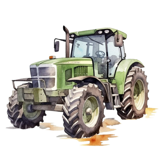 watercolor tractor, green tractor, farm equipment, agricultural vehicle, large tires, cab windows, watercolor painting, soft brushstrokes, earth tones, olive green, brown accents, farming theme, rural scene, machinery illustration, fabric panel, quilting cotton, transportation motif, country style, vintage feel, hand-painted look