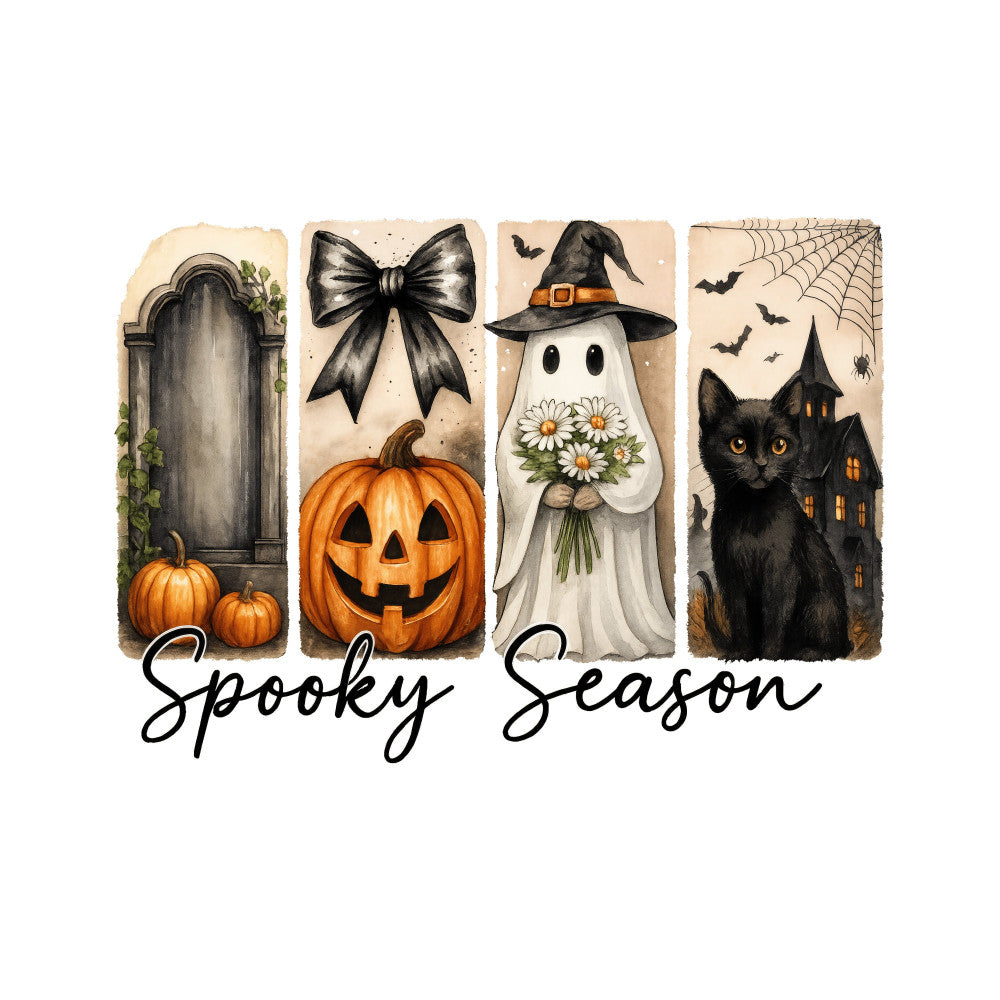 spooky season, halloween, ghost, pumpkin, black cat, haunted house, autumn, fall, creepy, witch hat, spider web, bat, bow, tombstone, ivy, orange, black, cream, beige, tan, whimsical, vintage, gothic, seasonal, holiday, decorative, festive, daisy flowers, night theme, spooky aesthetic