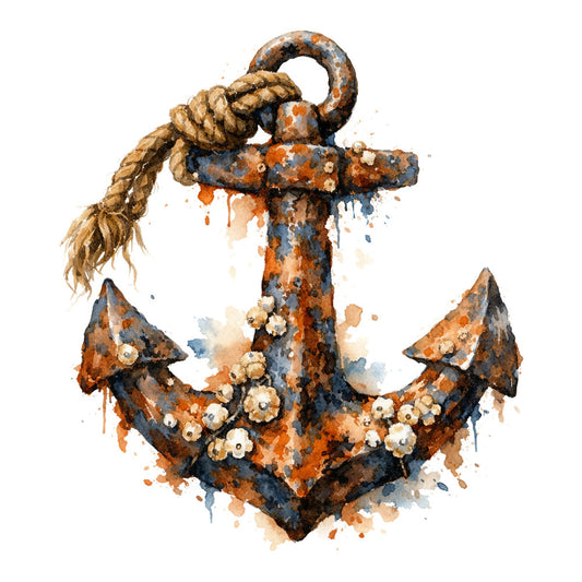 rust orange, navy blue, cream, weathered, nautical, anchor, rope, barnacles, coastal, maritime, vintage, industrial, distressed, watercolor, abstract, rustic, seaside, ocean, heritage, patriotic, worn metal, corroded, beige, tan, home decor, wall art, coastal theme, nautical theme, traditional