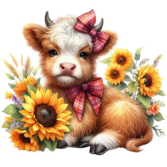 Rustic Sunflower Highland Cows Fabric Panel 21