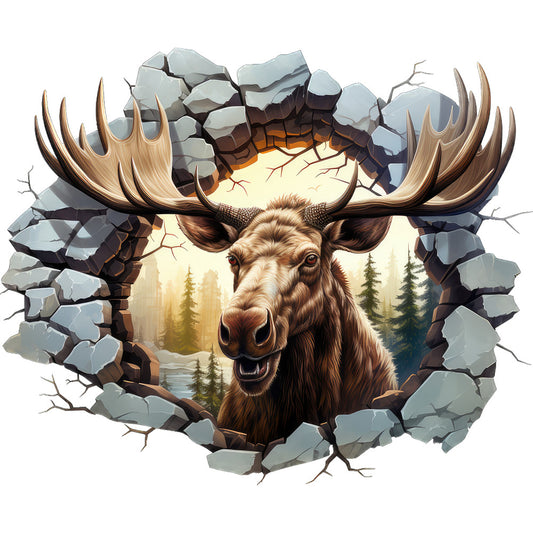 moose, brown, tan, gray, blue, forest green, wildlife, antlers, breaking through, cracked stone, evergreen trees, mountain landscape, realistic art, nature scene, fabric panel, quilting cotton, outdoor theme, wilderness, dramatic lighting, 3d effect