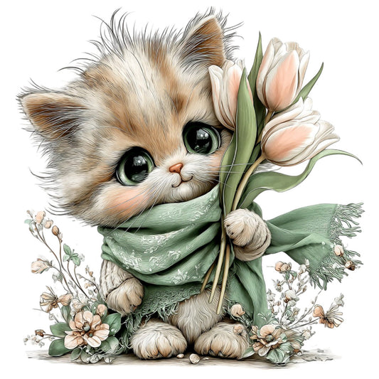 cute cat, fluffy kitten, white cat, cream colored, sage green, soft pink, peach, pastel colors, floral design, tulips, flowers, botanical, spring, animal themed, whimsical, sweet, adorable, decorative panel, nursery, baby quilt, children's fabric, nature inspired, vintage style, gentle, soft palette, gift fabric, illustration style, watercolor effect, delicate florals