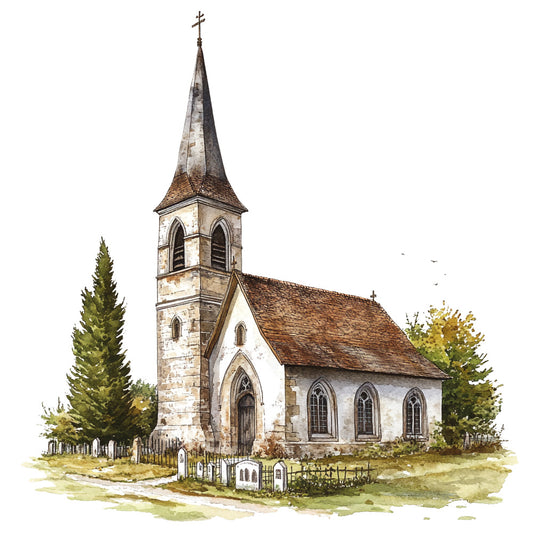 watercolor painting, stone church, bell tower, spire, cross, gothic windows, cemetery, headstones, cypress trees, green foliage, brown roof tiles, beige stone, white walls, pastoral scene, countryside village, fabric panel, quilting cotton, religious architecture, peaceful setting, english landscape