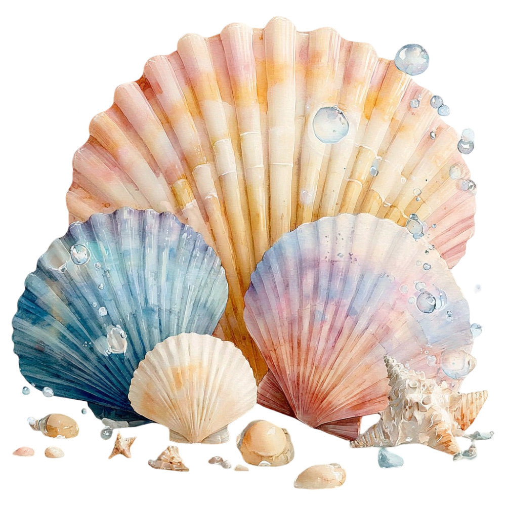 seashell, coastal, nautical, beach, ocean, watercolor, pastel, coral pink, dusty blue, cream, peach, rose, lavender, turquoise, teal, watercolor shells, sea life, marine, summer, coastal theme, elegant, whimsical, nature inspired, hand painted, bubbles, starfish, seashell motif, beachy, relaxing, tropical