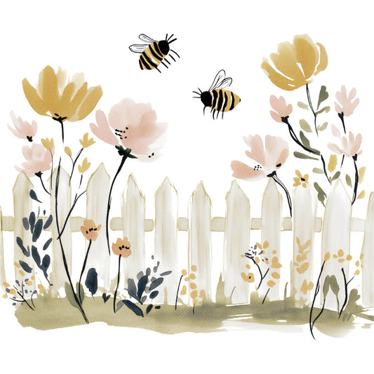 cream, yellow, dusty rose, blush pink, sage green, golden yellow, pale pink, soft colors, watercolor, floral, botanical, nature, bees, butterflies, flowers, garden, cottage, farmhouse, whimsical, spring, summer, pastel, delicate, romantic, wildflowers, picket fence, bee keeper, pollinator, vintage inspired, peaceful