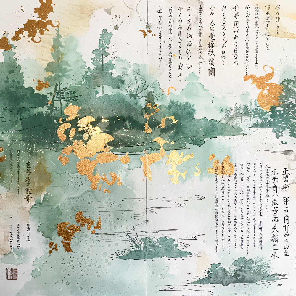 sage green, burnt orange, cream, watercolor style, asian landscape, japanese text, calligraphy, trees, water scene, nature motif, fabric panel, quilting cotton, serene mood, oriental design, botanical elements, flowing water, misty atmosphere, earth tones, artistic print, cotton fabric