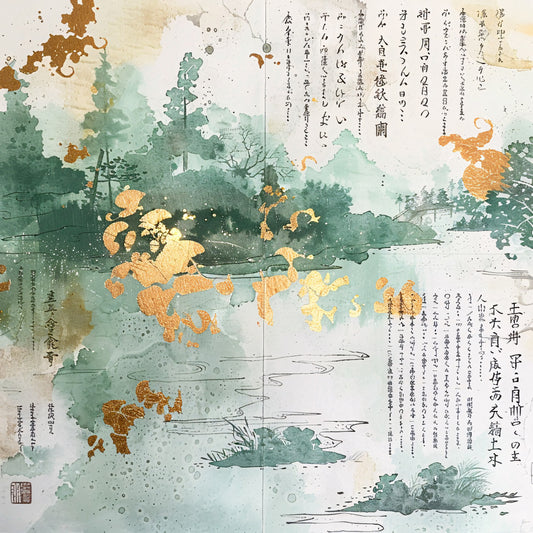 sage green, burnt orange, cream, watercolor style, asian landscape, japanese text, calligraphy, trees, water scene, nature motif, fabric panel, quilting cotton, serene mood, oriental design, botanical elements, flowing water, misty atmosphere, earth tones, artistic print, cotton fabric