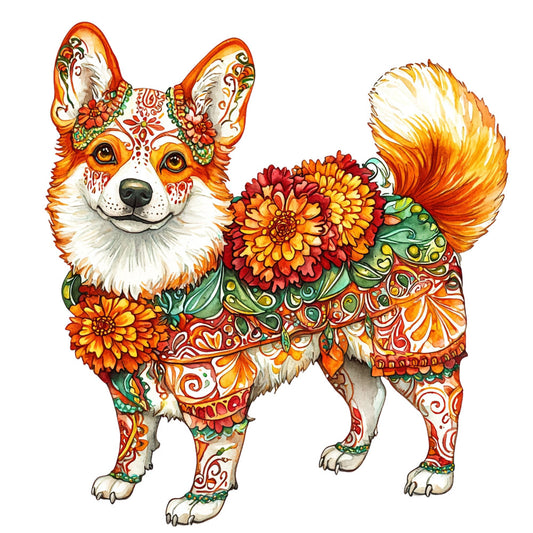 corgi, dog, animal, floral, ornamental, decorative, mandala, bohemian, whimsical, folk art, orange, red, gold, yellow, green, white, cream, intricate patterns, detailed design, boho, artistic, colorful, festive, daisies, flowers, nature-inspired, traditional, vibrant, ethnic, zentangle