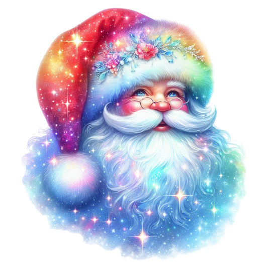 santa, christmas, holiday, festive, rainbow, multicolor, gradient, magical, whimsical, sparkle, glitter, stars, starry, celestial, winter, jolly, bearded, face panel, metallic accents, fantasy, enchanted, colorful, red, blue, purple, yellow, green, gold, floral crown, decorative