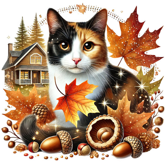 autumn cat, calico cat, fall leaves, maple leaves, acorns, cozy cabin, farmhouse style, rustic, orange, brown, gold, cream white, black, woodland animals, nature themed, seasonal decor, autumn colors, fall foliage, harvest theme, acorn motifs, cottage core, whimsical animals, warm tones, fall aesthetic, home decor, wall hanging, table runner, autumn harvest, cozy home, nostalgic style