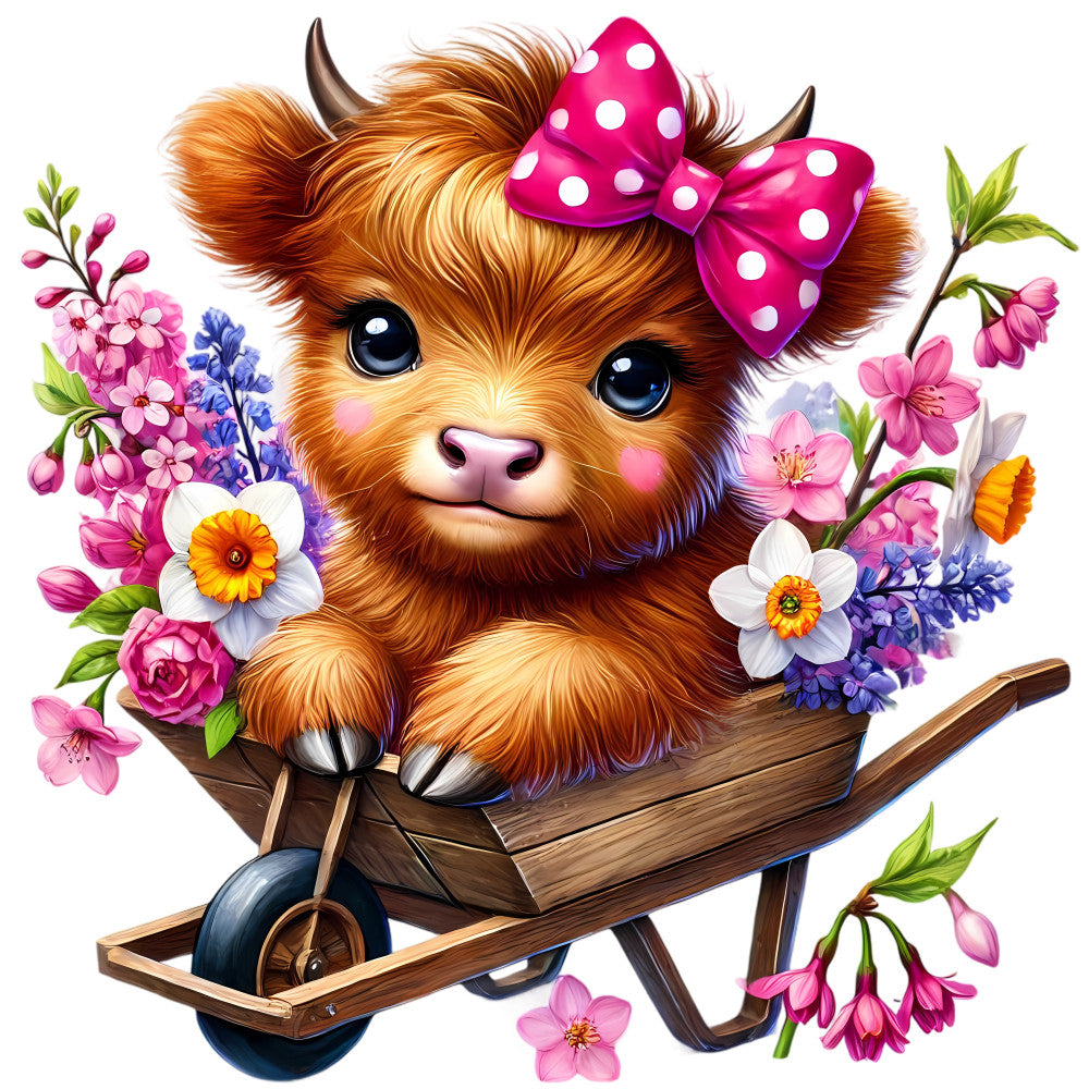 Springtime Highland Cows Fabric Panel 9 featuring a cute calf with a pink bow surrounded by colorful spring flowers in a wheelbarrow.