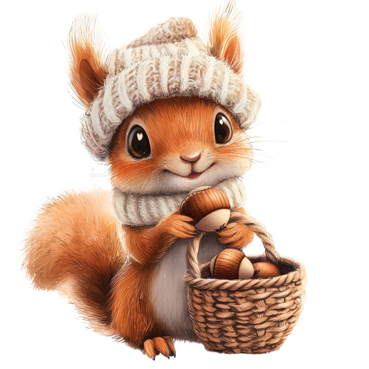 orange, brown, cream, beige, squirrel, woodland animal, knit hat, wicker basket, acorns, nuts, fabric panel, quilting cotton, cute character, winter clothing, forest creature, bushy tail, big eyes, adorable expression, autumn theme, craft fabric