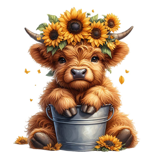 Sunflower Highland Cows Fabric Panel 28 featuring a cute highland cow with sunflowers in a bucket on premium quilting cotton.