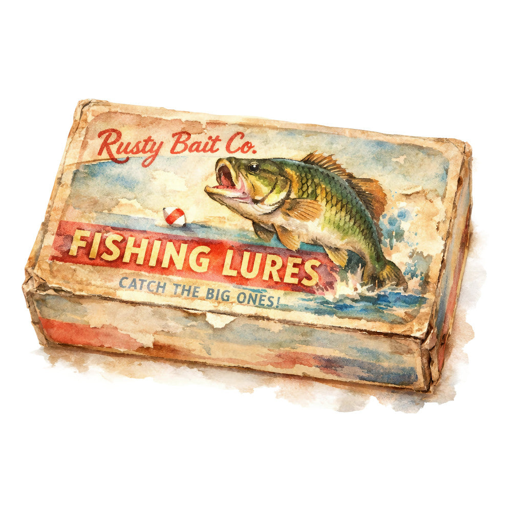 vintage fishing, rusty bait co, fish, bass, fishing lures, catch the big ones, retro, americana, nostalgic, cream, red, blue, green, brown, gold, distressed, weathered, fishing theme, sports, hobby, masculine, rustic, antique, ephemera, typography, water, nature, outdoor recreation, fishing enthusiast