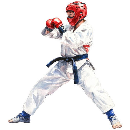 martial arts, karate, taekwondo, sports, combat, action, red headgear, white gi, blue belt, athletic, dynamic pose, fighting stance, punching gloves, protective gear, red and white, modern, bold, strength, discipline, training, competition, active wear, instructional, motivational, fitness, warrior, powerful, striking, contemporary style