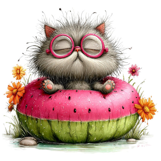 whimsical cat, pink glasses, fluffy cat, strawberry, magenta pink, sage green, coral orange, yellow flowers, animal illustration, cute cat art, nature-inspired, playful, humorous, garden theme, floral accents, daisies, quirky style, children's design, cheerful, springtime, summer vibes, botanical elements, water droplets, illustration art, cat lover, novelty print, decorative panel, wall art, artistic, charming