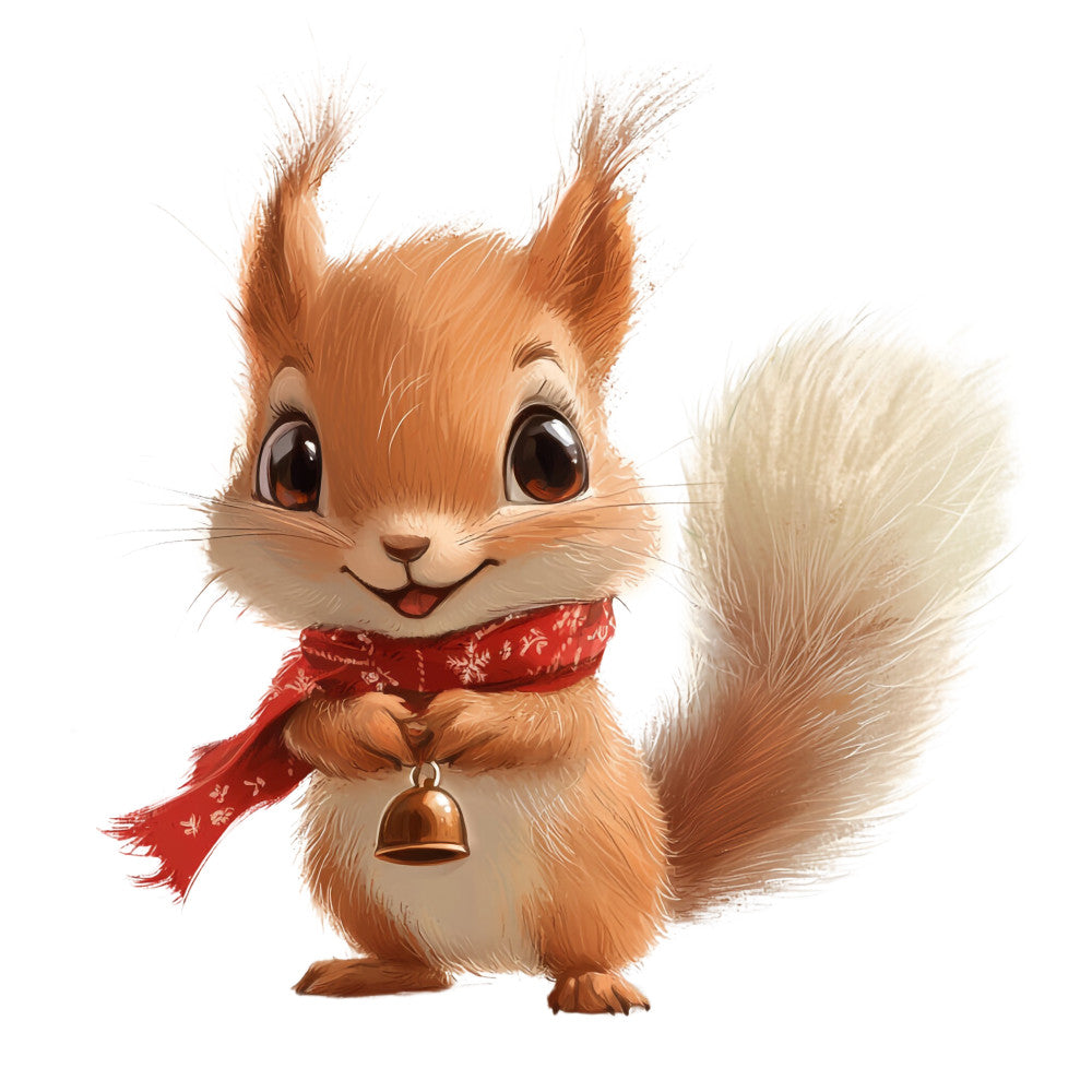 squirrel, orange fur, red scarf, bell, tufted ears, bushy tail, cute animal, woodland creature, winter accessories, warm tones, fabric panel, quilting cotton, children's fabric, nursery decor, soft illustration, whimsical design, christmas theme, holiday fabric, animal portrait, cozy mood