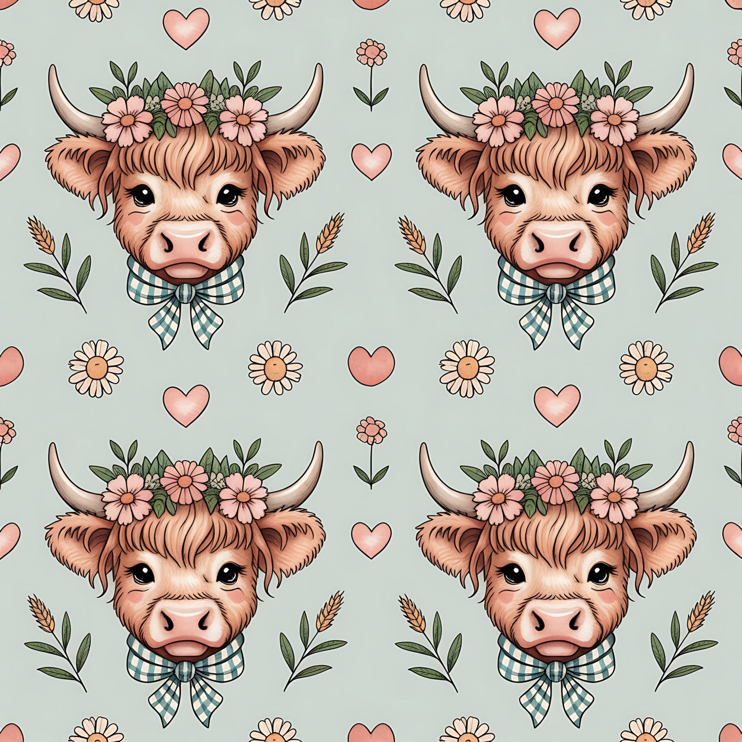 Highland Cow Heads Pattern 11 Quilting Cotton Fabric